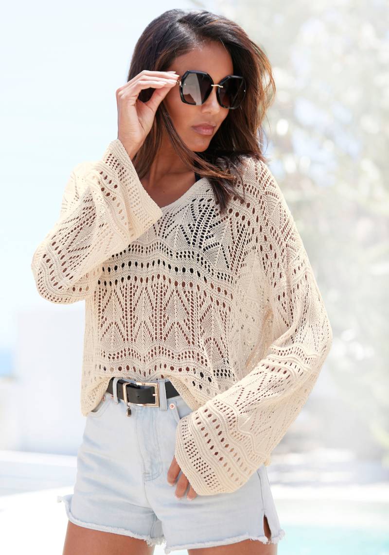 s.Oliver Strandpullover, mit semi-transparentem Ajourmuster, sommerlicher Strickpullover von s.Oliver