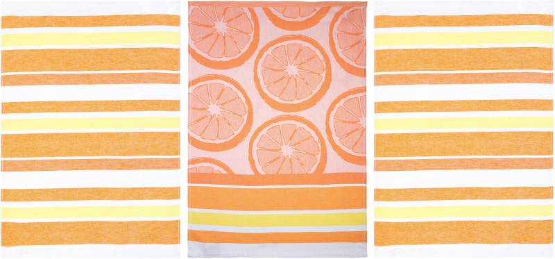 stuco Geschirrtuch »Summer Fruits Orange«, (Set, 3 tlg., 1x Geschirrtuch Früchte-Motiv,2 weitere Geschirrtücher Streifenoptik), Jacquardgewebe von stuco