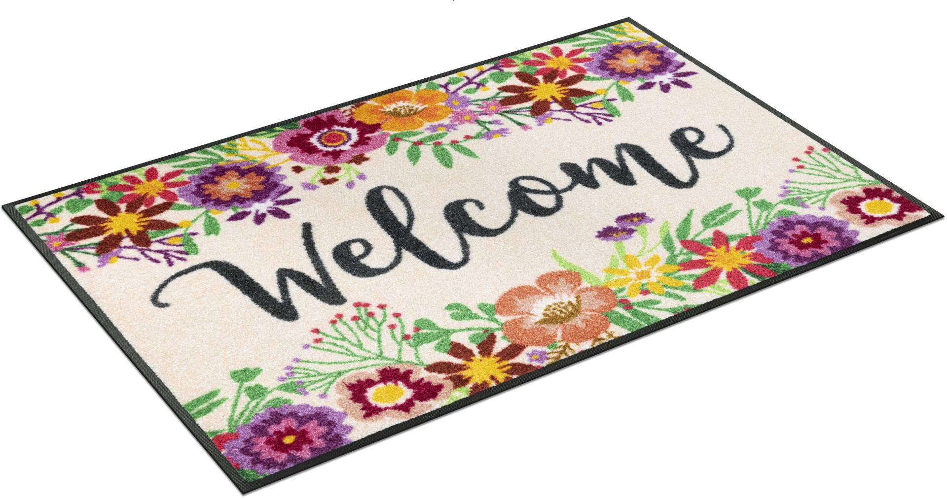 wash+dry by Kleen-Tex Teppich »Welcome Blooming«, rechteckig, 7 mm Höhe, Motiv Blumen, mit Spruch, rutschhemmend, waschbar von wash+dry by Kleen-Tex