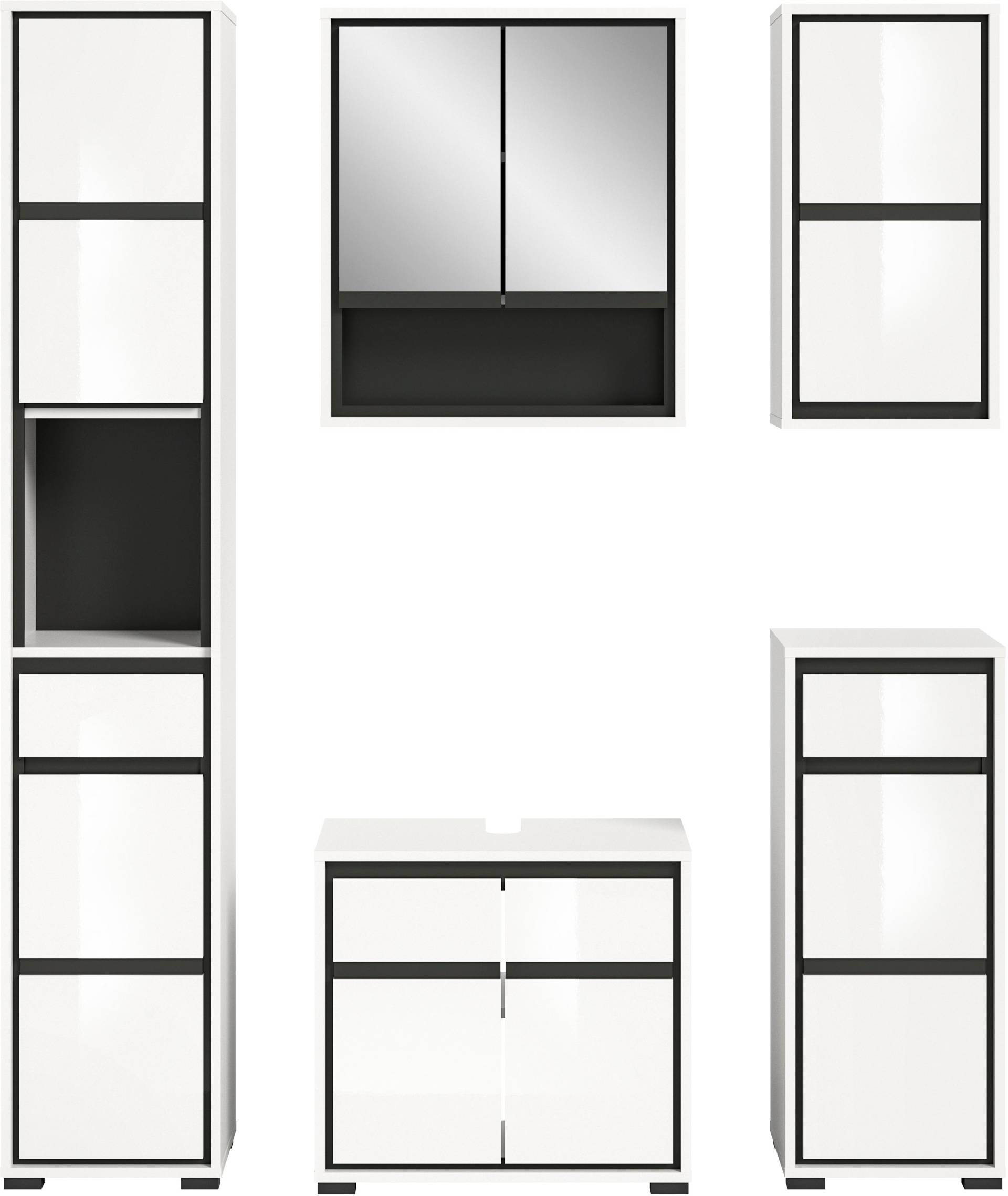 welltime Badmöbel-Set »Jaru«, (Set, 5 St.), Hochschrank, Spiegelschrank, WBU, Hängeschrank, Unterschrank von welltime