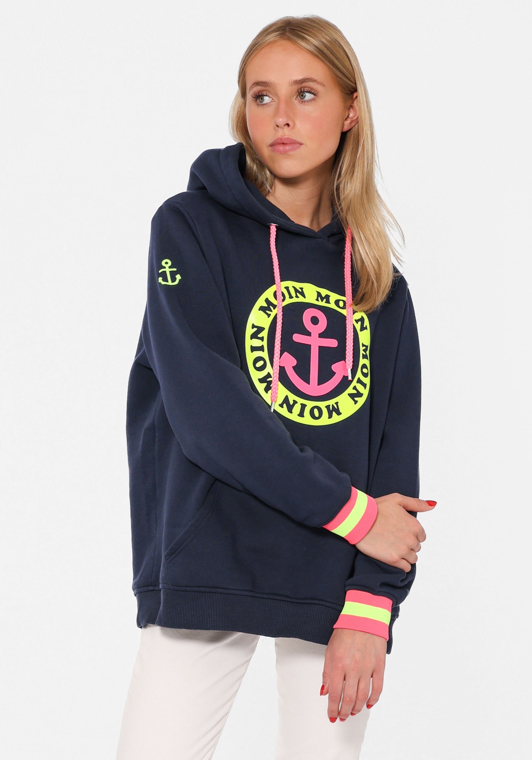 Zwillingsherz Hoodie, mit Aufschrift Moin und Anker in Neonfarben von zwillingsherz