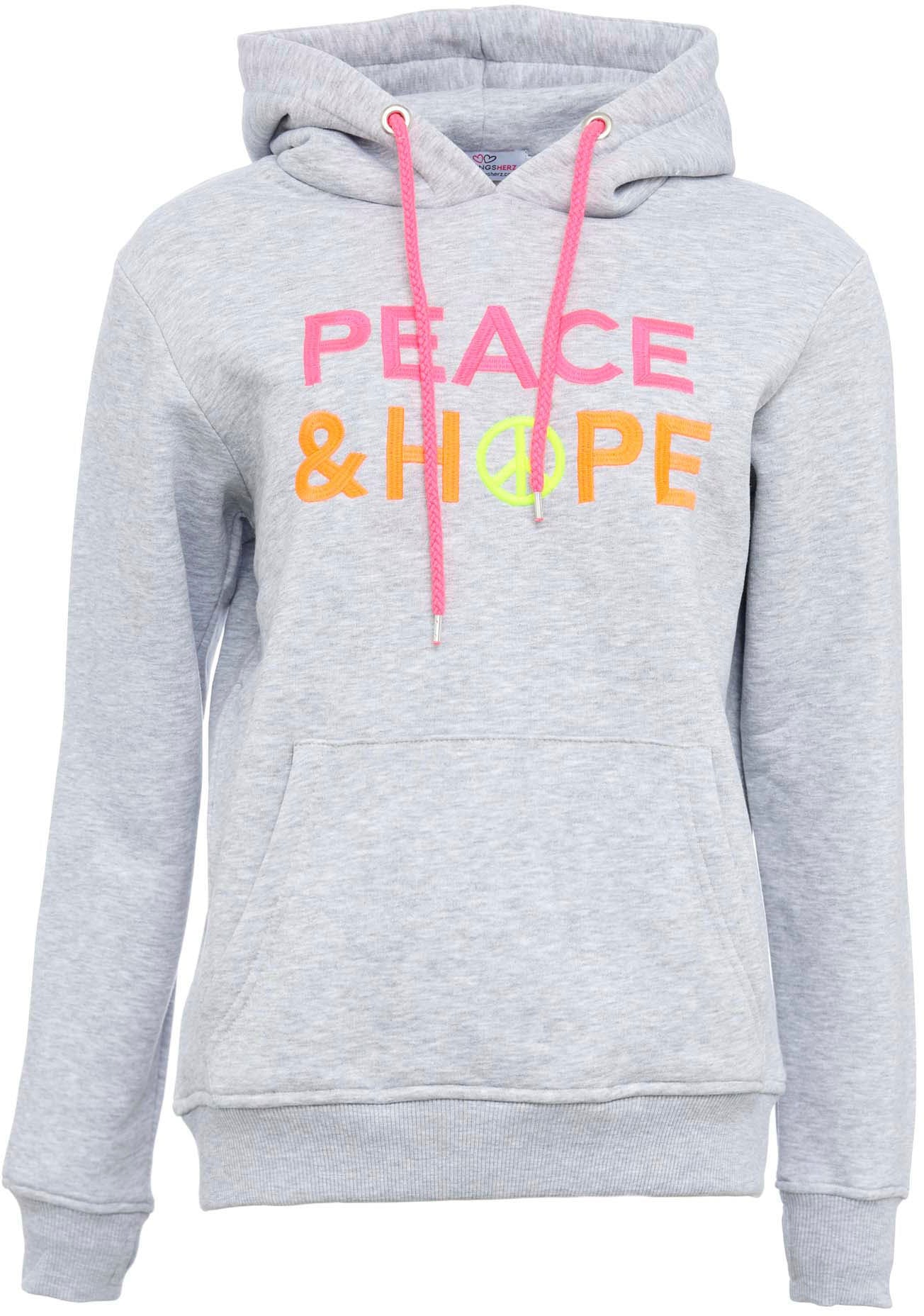 Zwillingsherz Kapuzensweatshirt, mit "Peace & Hope"-Stickerei in Neonfarben und pinker Kordel Zwillingsherz Kapuzensweatshirt, mit "Peace & Hope"-Stickerei in Neonfarben und pinker Kordel von zwillingsherz