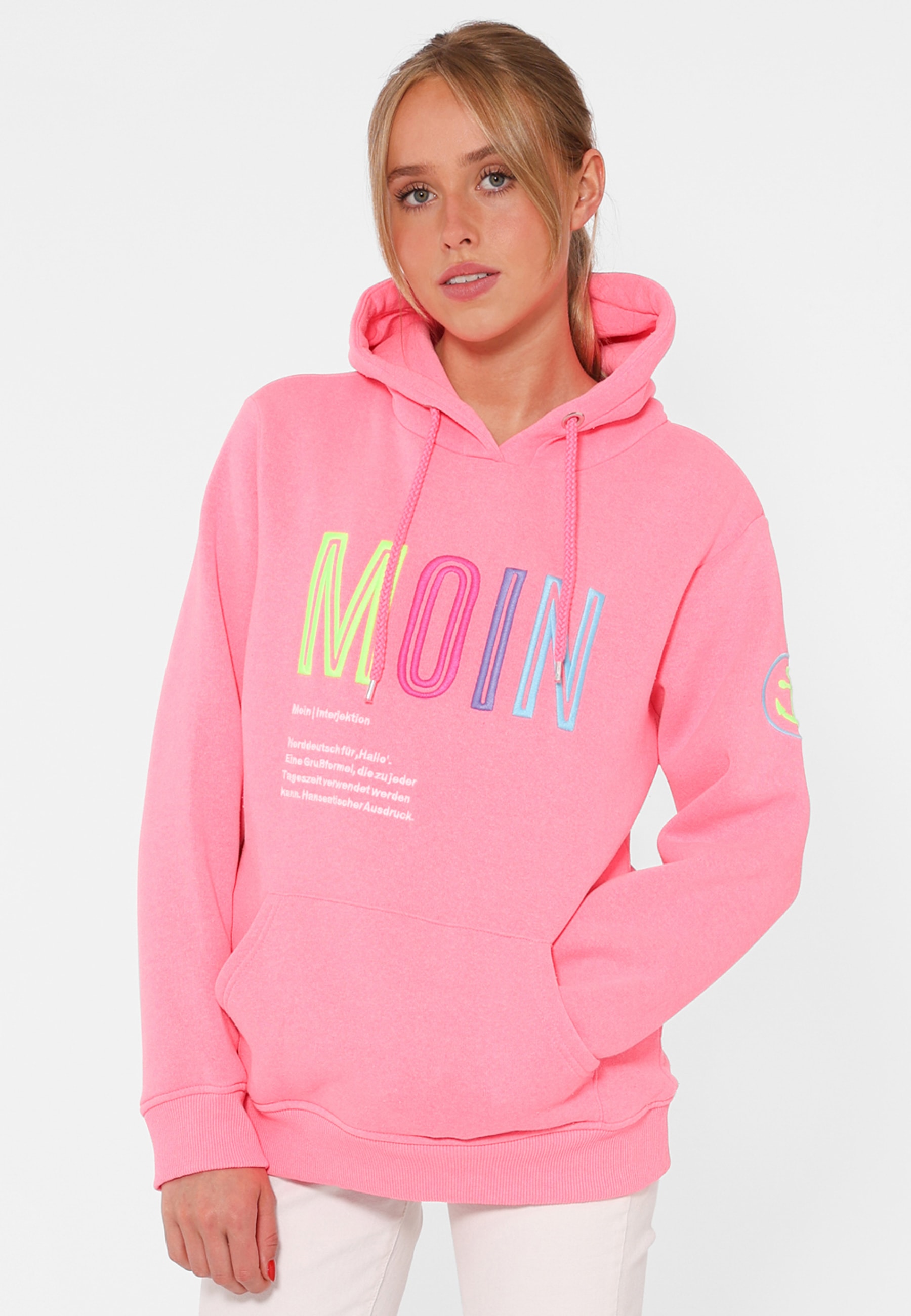 Zwillingsherz Sweatshirt, mit aufgesticktem „Moin“-Schriftzug in Neonfarben von zwillingsherz