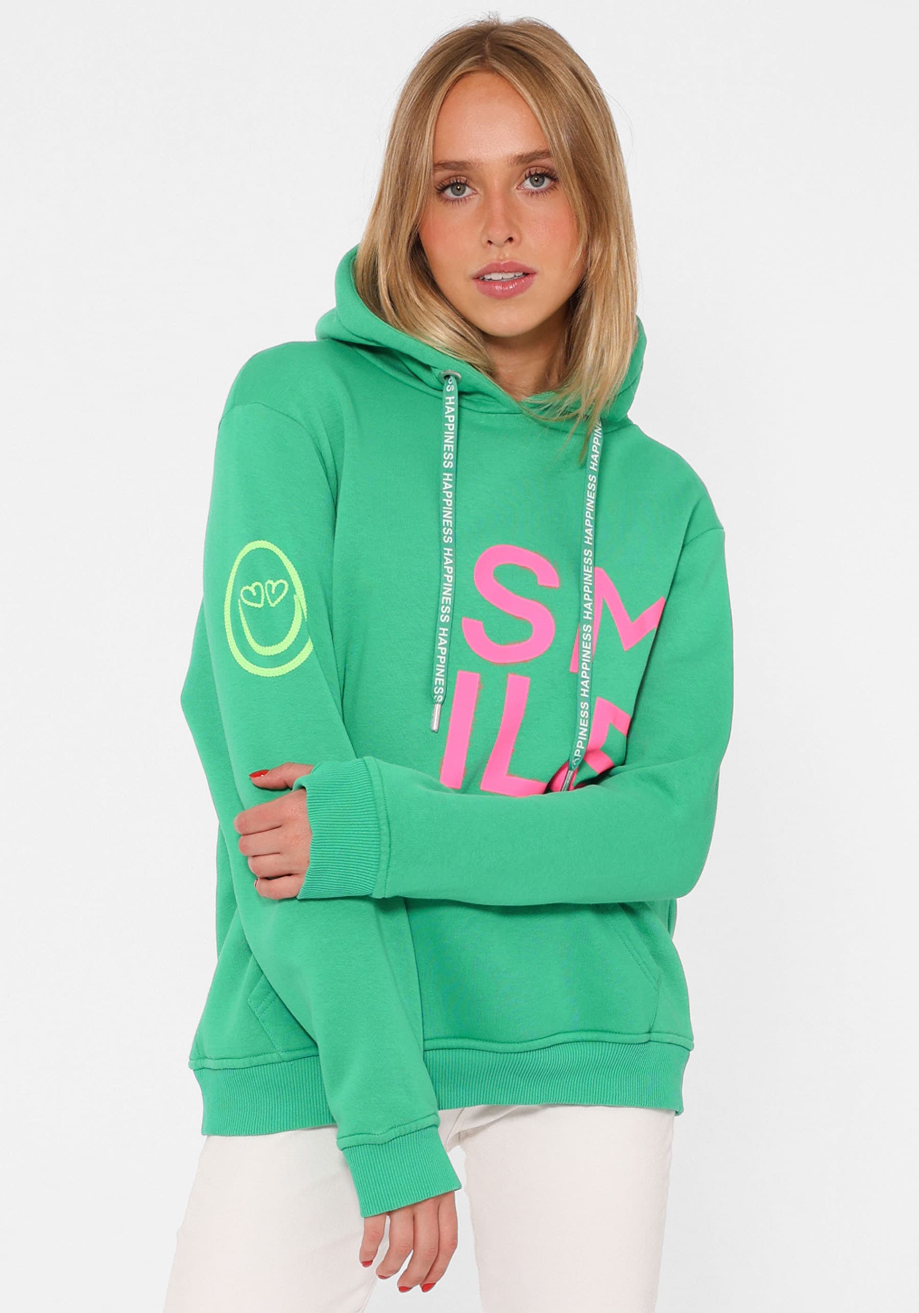 Zwillingsherz Kapuzensweatshirt, mit gesticktem Neon Smiley und Kordel mit Schriftzug von zwillingsherz