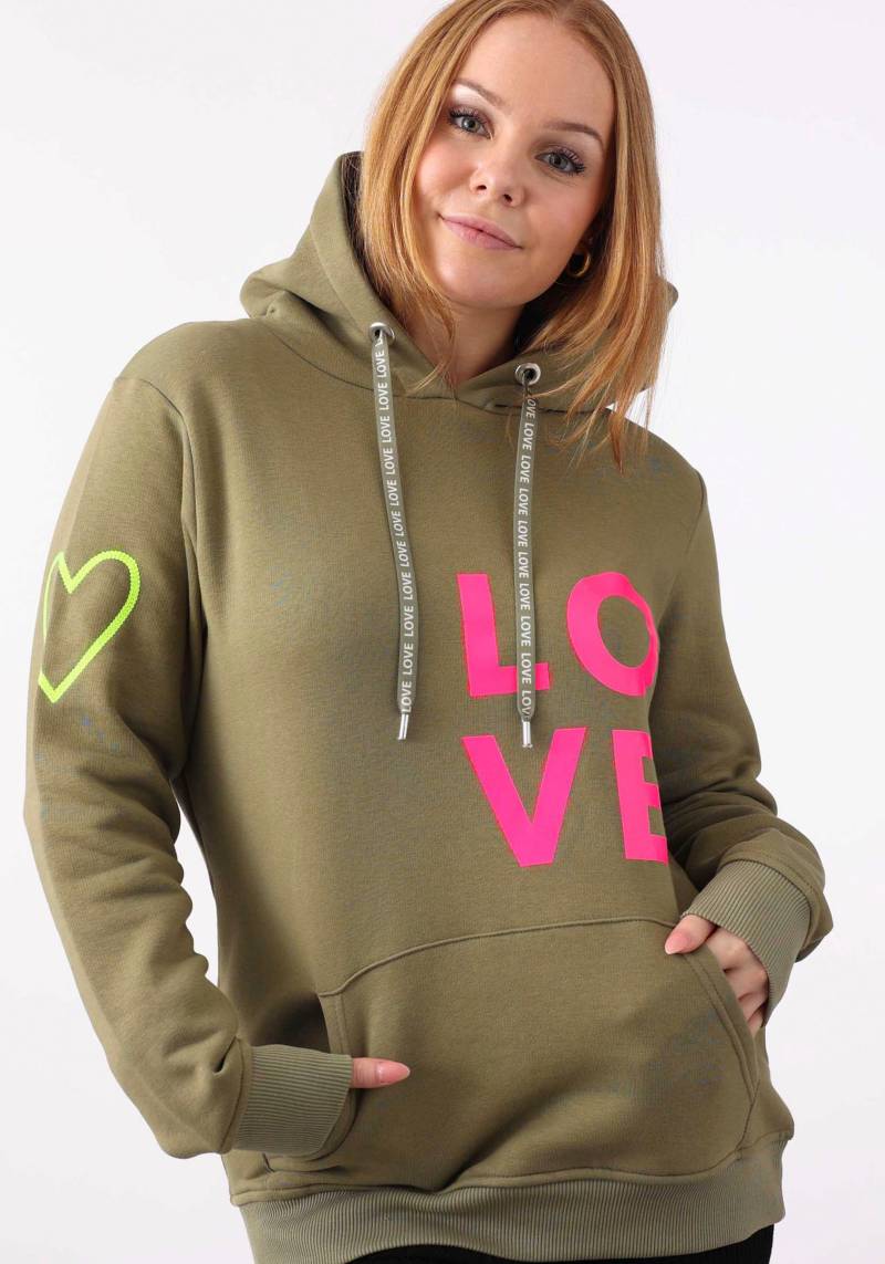 Zwillingsherz Kapuzensweatshirt, mit gesticktem Neon Herz am Ärmel und "Love" Schriftzug auf Kordel Zwillingsherz Kapuzensweatshirt, mit gesticktem Neon Herz am Ärmel und "Love" Schriftzug auf Kordel von zwillingsherz