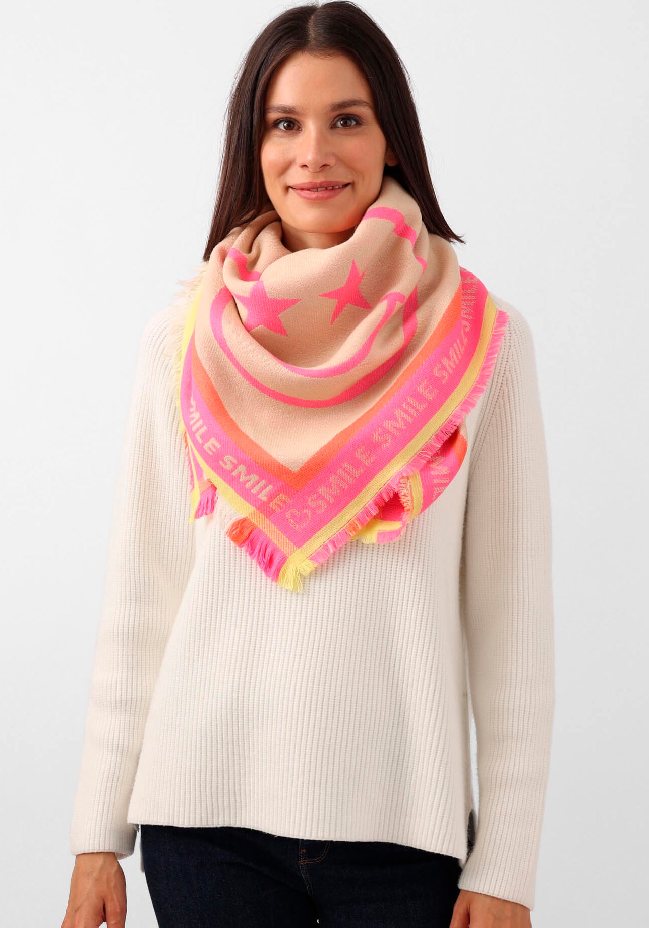 Zwillingsherz Modetuch »Alisha«, mit Kontrastrand und grossem Smiley mittig Zwillingsherz Modetuch »Alisha«, mit Kontrastrand und grossem Smiley mittig von zwillingsherz