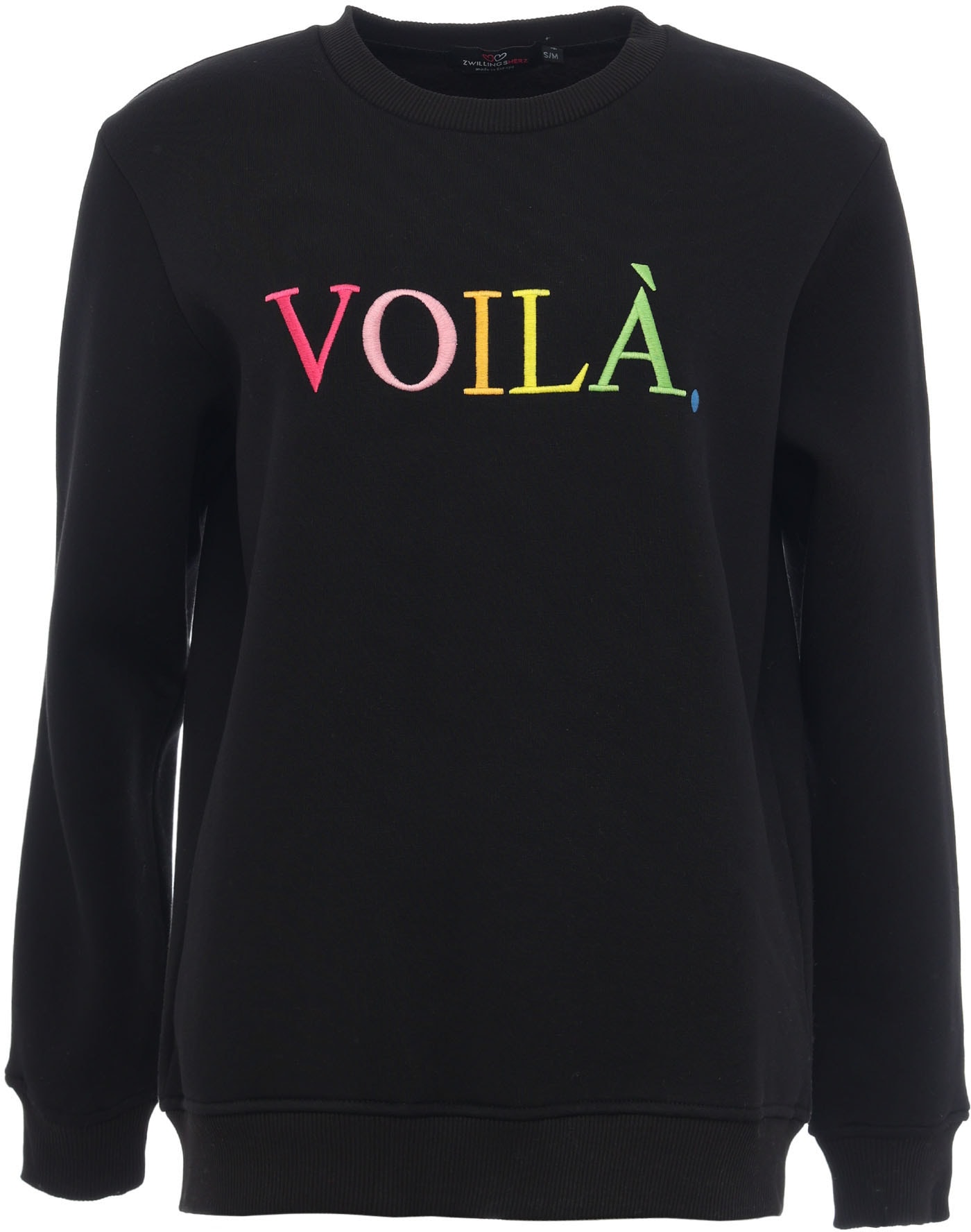Zwillingsherz Sweatshirt, mit mehrfarbigem gestickten "Voilà"-Schriftzug Zwillingsherz Sweatshirt, mit mehrfarbigem gestickten "Voilà"-Schriftzug von zwillingsherz