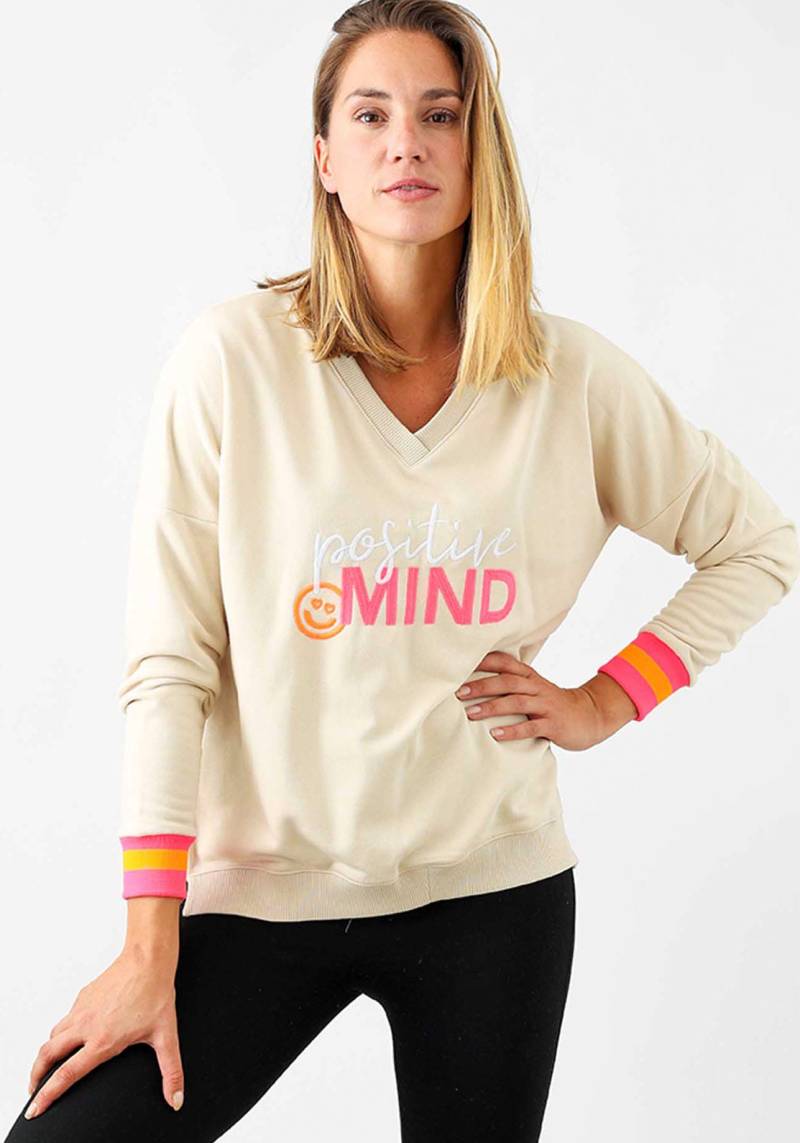 Zwillingsherz Sweatshirt, mit V-Ausschnitt, "Positive Mind"-Aufstick und neonfarbenen Bündchen von zwillingsherz