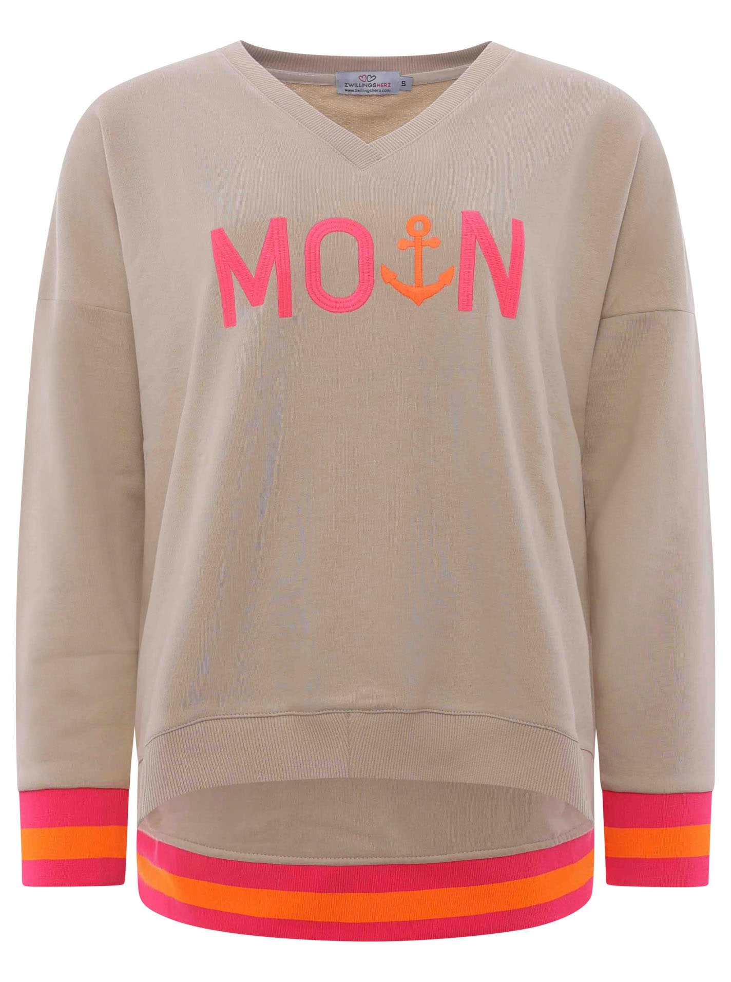 Zwillingsherz Sweatshirt, mit V-Ausschnitt und aufgesticktem "Moin" in Neonfarben von zwillingsherz