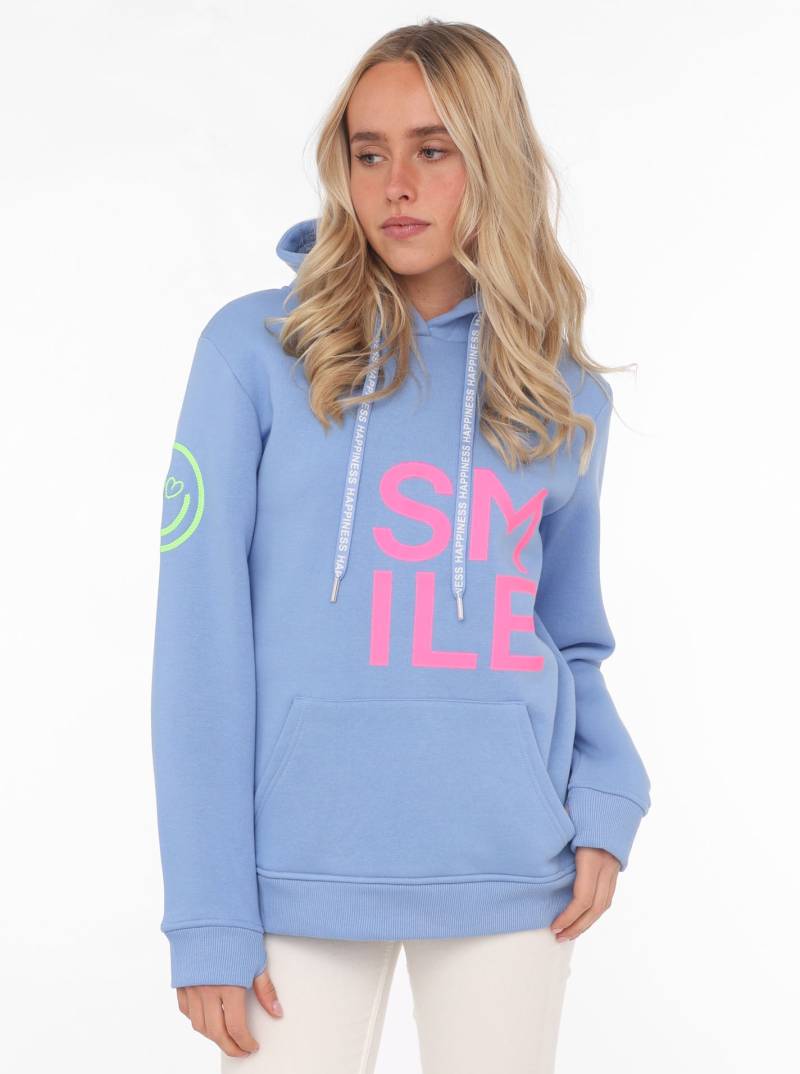 Zwillingsherz Sweatshirt, mit "Smile"-Aufdruck in Neonfarben und gesticktem Smiley am Ärmel von zwillingsherz