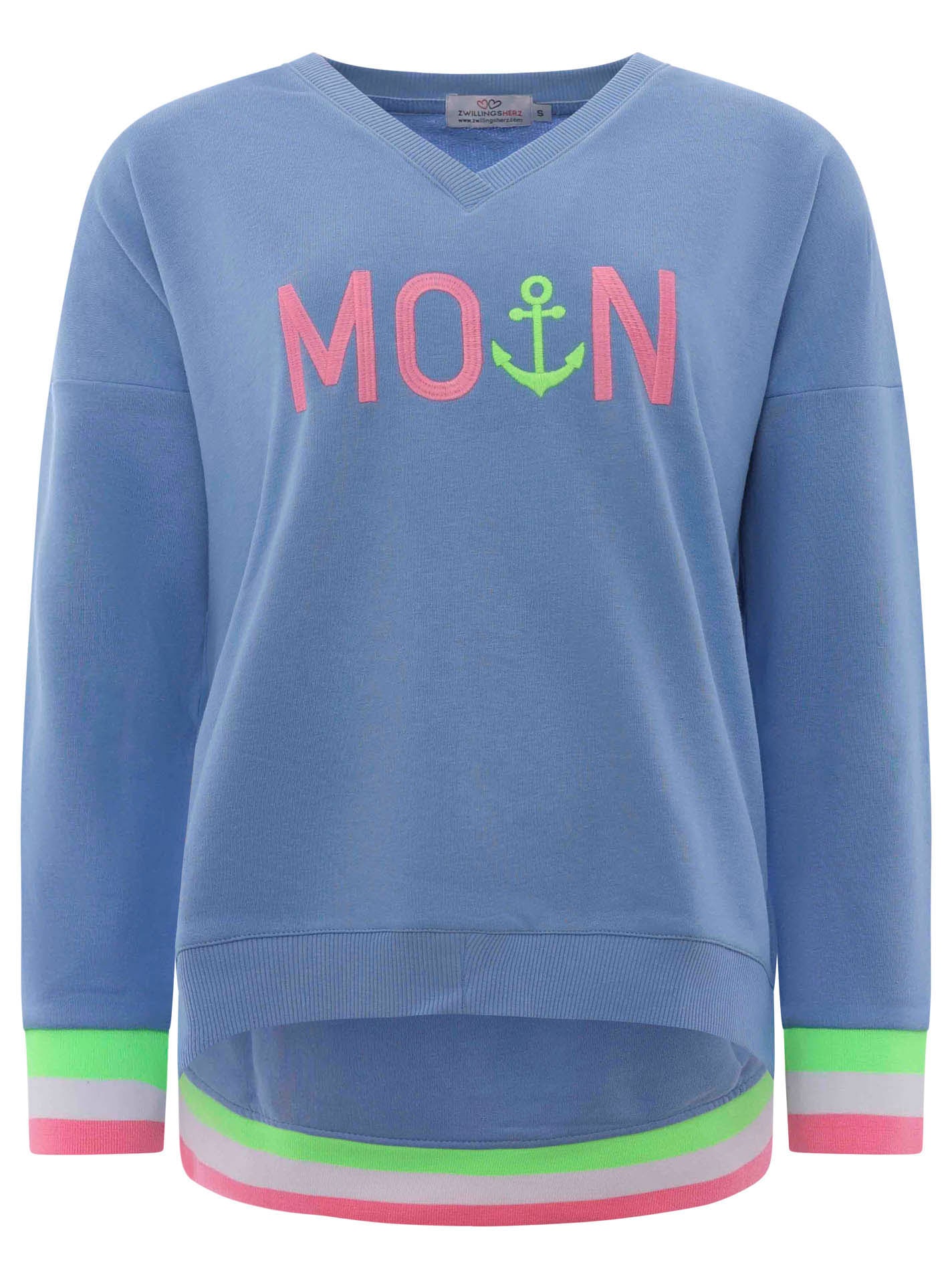 Zwillingsherz Sweatshirt, mit V-Ausschnitt und aufgesticktem "Moin" in Neonfarben von zwillingsherz