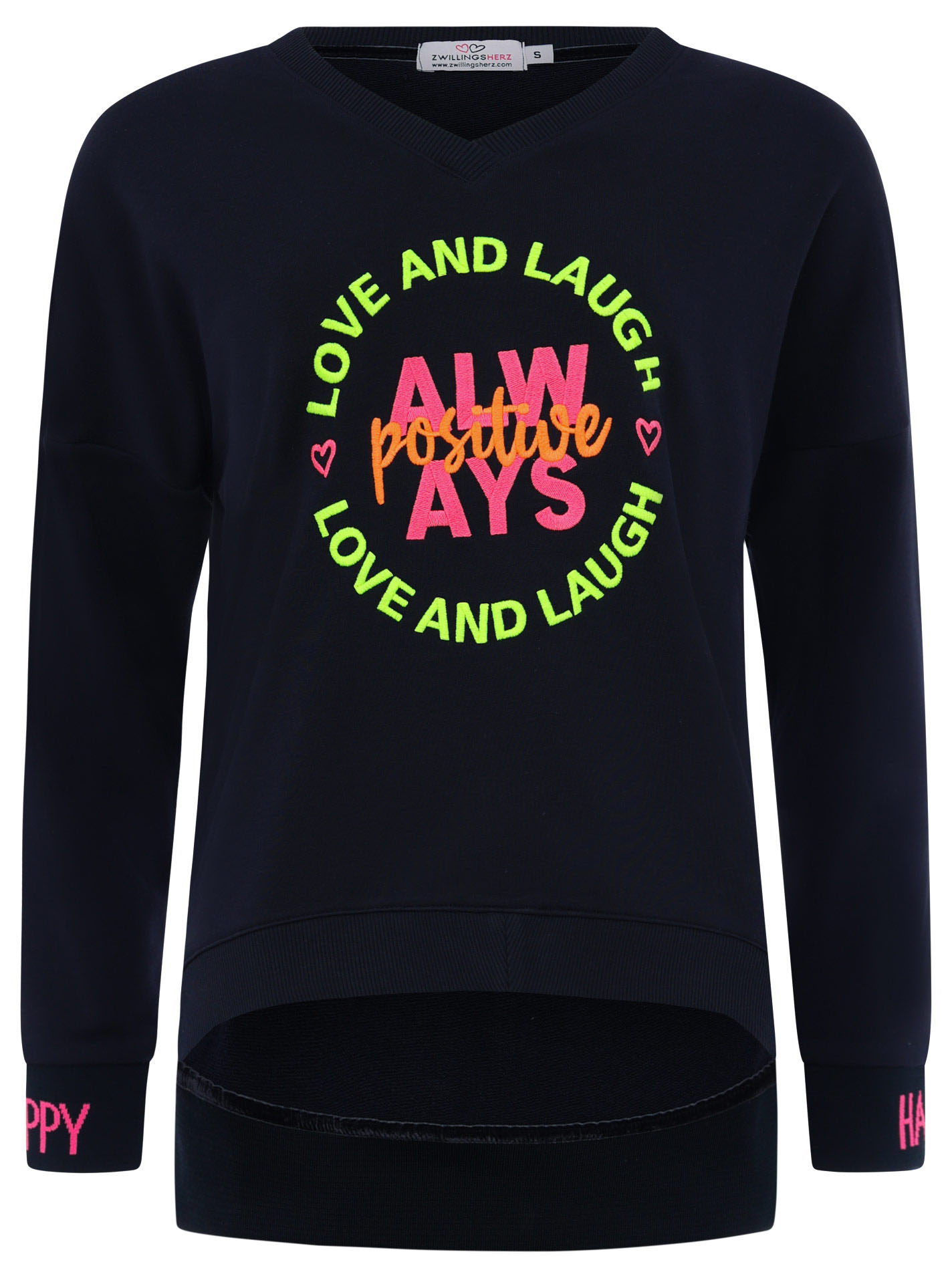 Zwillingsherz Sweatshirt, mit neonfarbener "Always Positive"-Stickerei im Vokuhila Schnitt von zwillingsherz