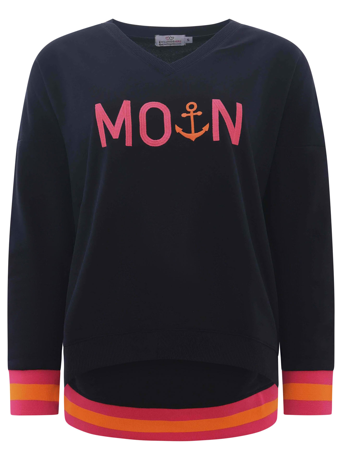 Zwillingsherz Sweatshirt, mit V-Ausschnitt und aufgesticktem "Moin" in Neonfarben von zwillingsherz